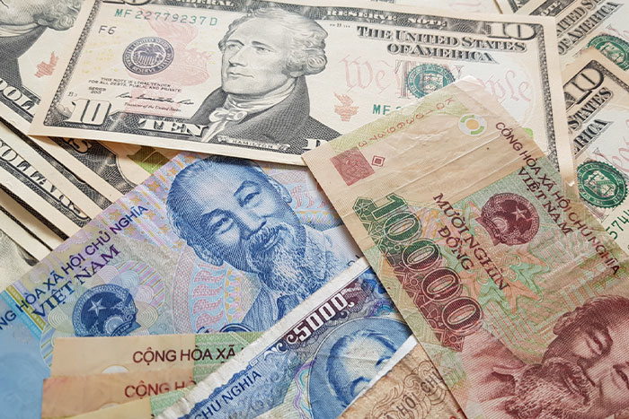 The Vietnamese currency features images of national leaders and symbols